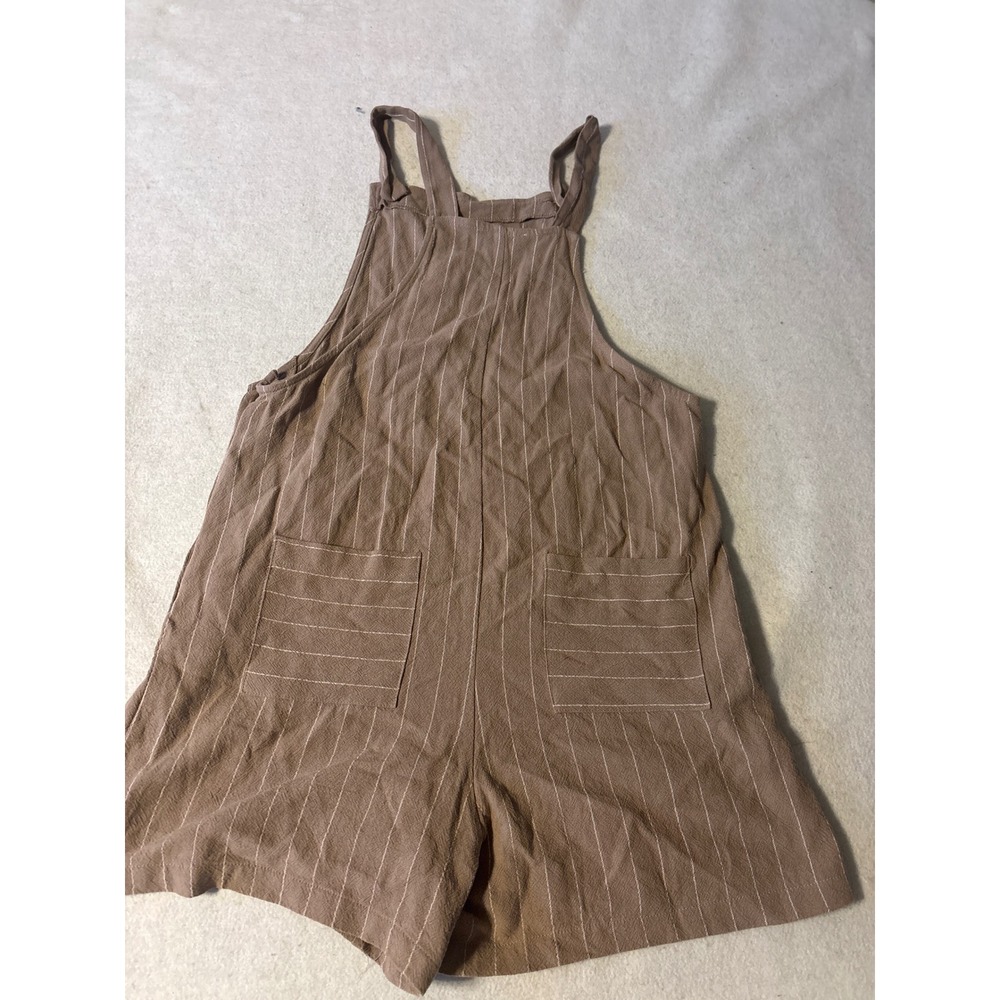 Urban romanticBrown Pinstripe Linen Blend Short Overalls with Pockets
